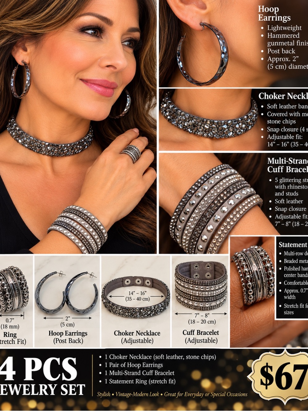 4pcs Gunmetal Crystal Choker Necklace, ring bracelet, Earrings Jewelry Set